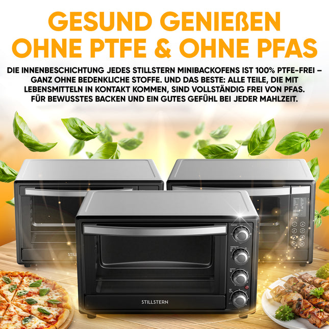 Stillstern Minibackofen mit Umluft (45L) DE Version, Pizza Ø32cm, NEU: CYCLONE PRO+ (Antihaftbeschichtung), 13 Programme, Auftauen&Warmhalten, 8h Timer, Rezeptheft, Mini Backofen Pizzaofen Grill