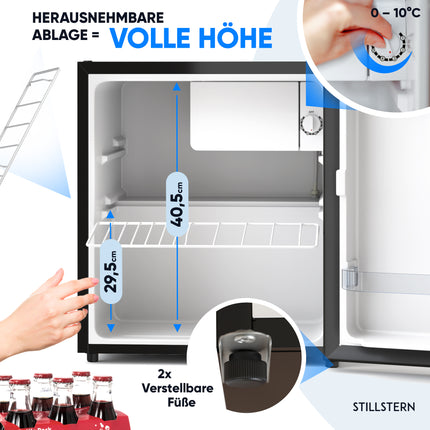 Stillstern Mini Kühlschrank E 45L mit Abtauautomatik, Schloss, Frostfach, Leise, Ideal für Küche, Büro, Schlafzimmer, Hotels und kleine Wohnungen Kühlschrank klein Minibar Getränkekühlschrank