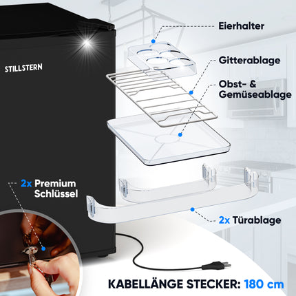 Stillstern Mini Kühlschrank E 45L mit Abtauautomatik, Schloss, Frostfach, Leise, Ideal für Küche, Büro, Schlafzimmer, Hotels und kleine Wohnungen Kühlschrank klein Minibar Getränkekühlschrank