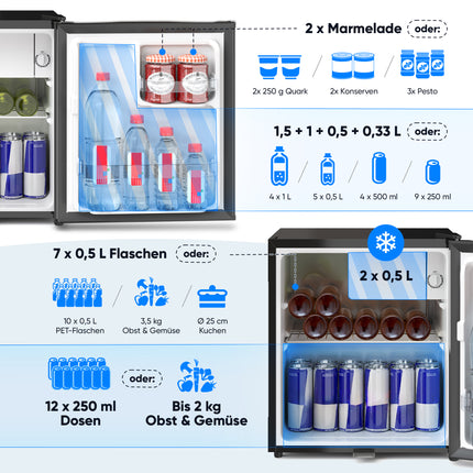 Stillstern Mini Kühlschrank E 45L mit Abtauautomatik, Schloss, Frostfach, Leise, Ideal für Küche, Büro, Schlafzimmer, Hotels und kleine Wohnungen Kühlschrank klein Minibar Getränkekühlschrank