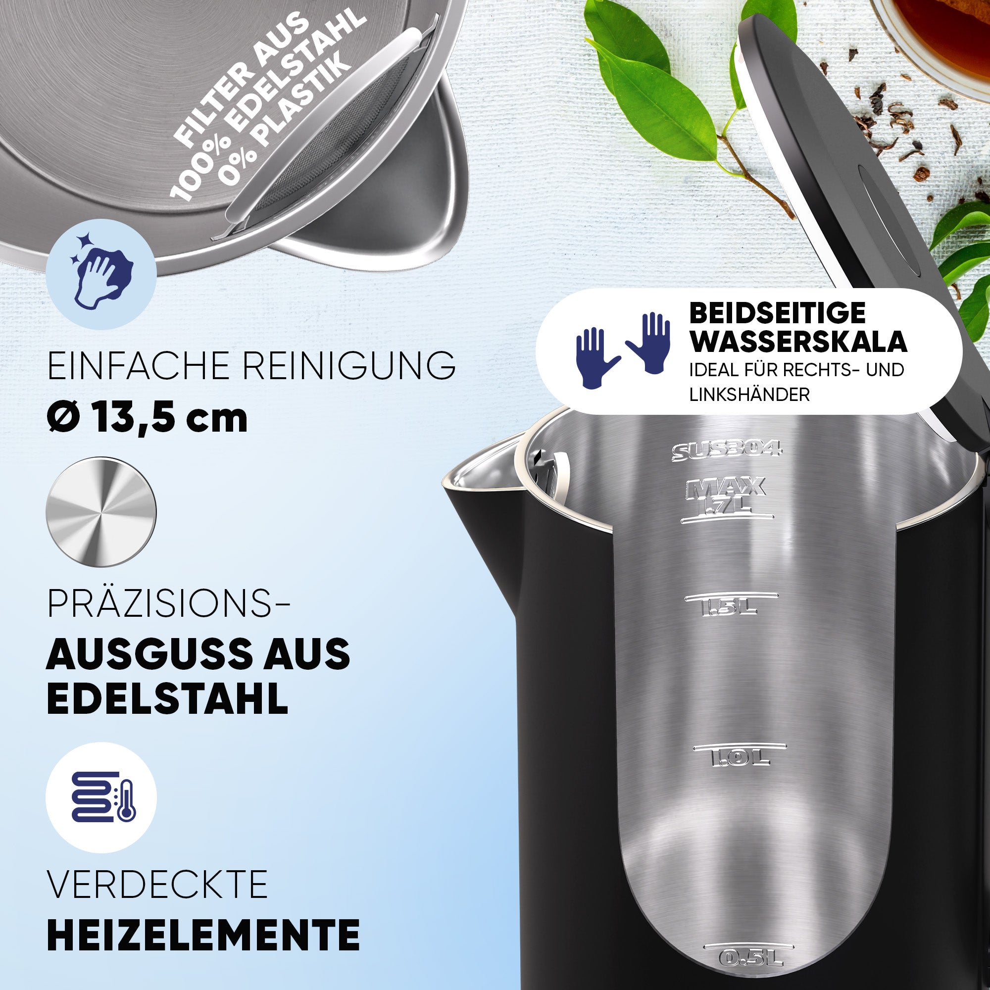 Wasserkocher mit Edelstahl Filter & Trockenlaufschutz 1,7L