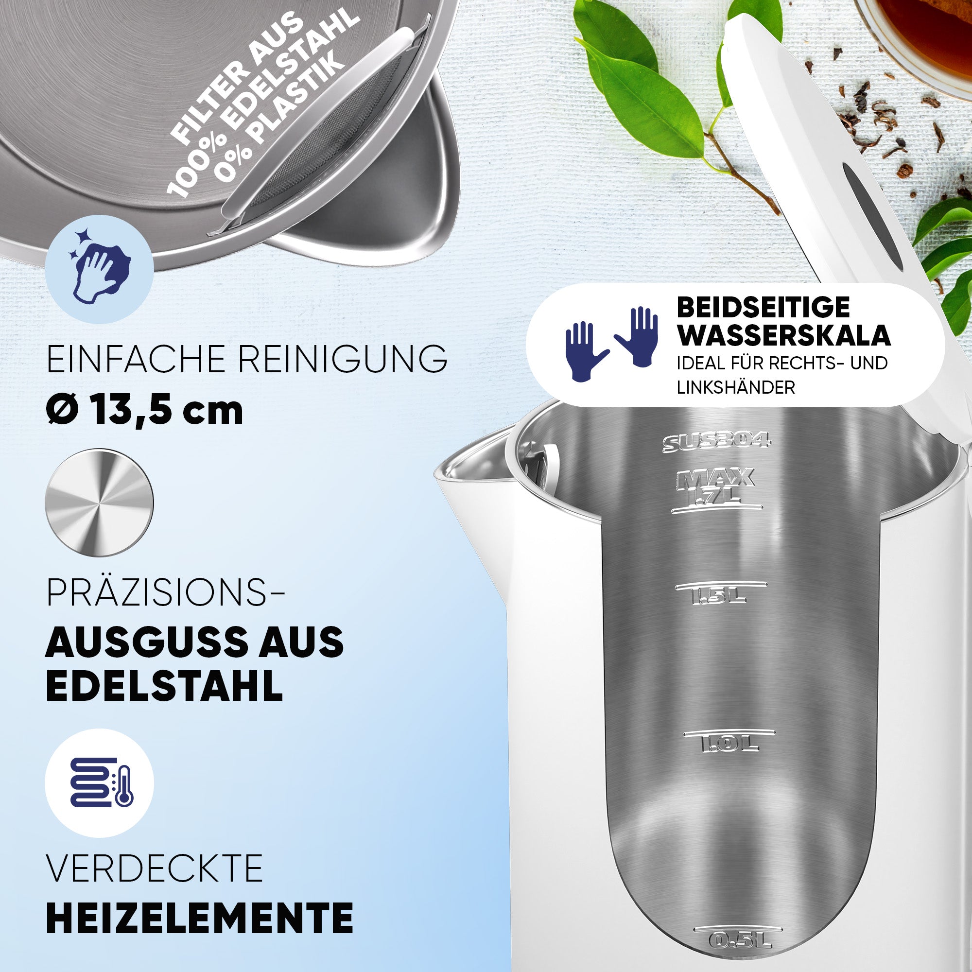 Wasserkocher mit Edelstahl Filter & Trockenlaufschutz 1,7L