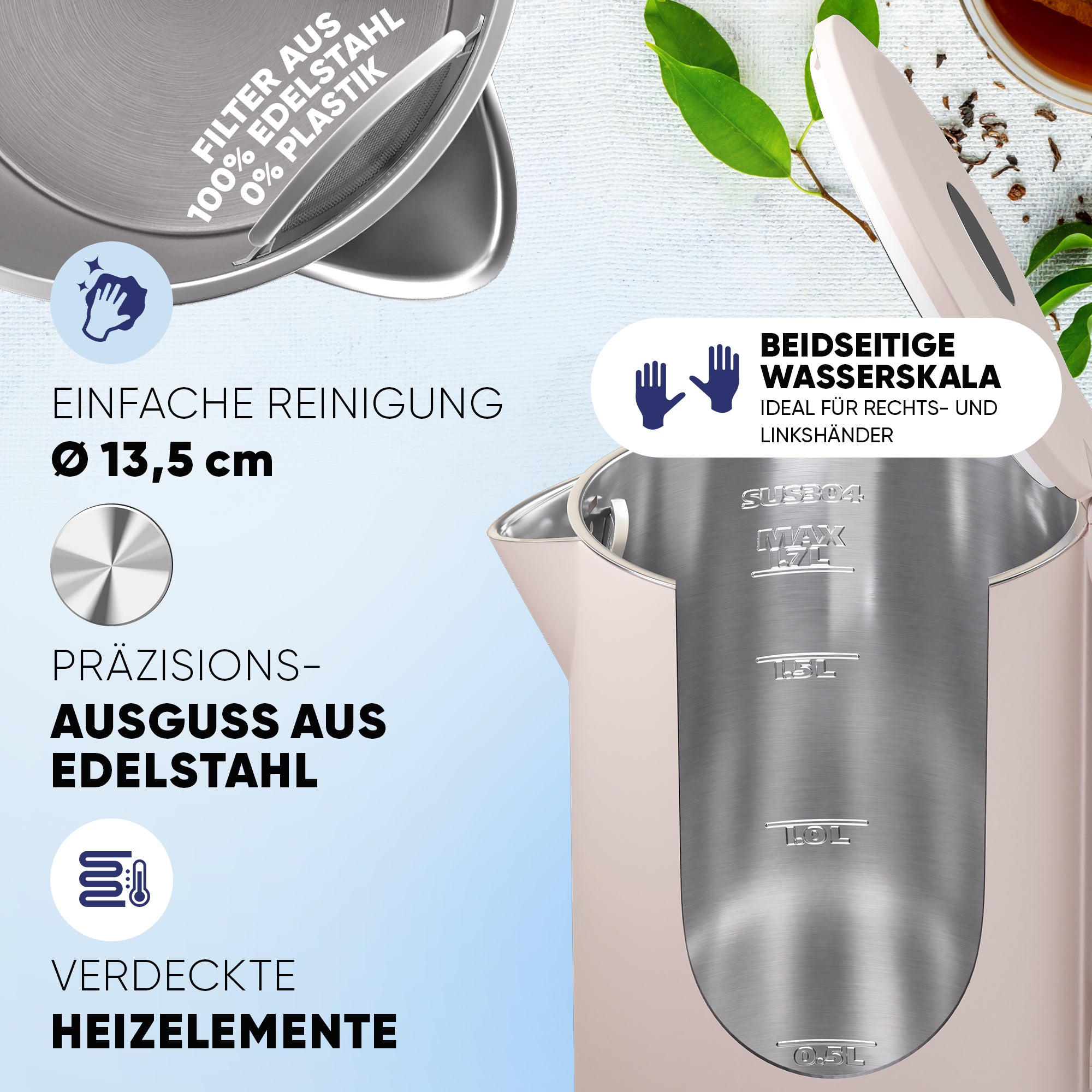 Wasserkocher mit Edelstahl Filter & Trockenlaufschutz 1,7L