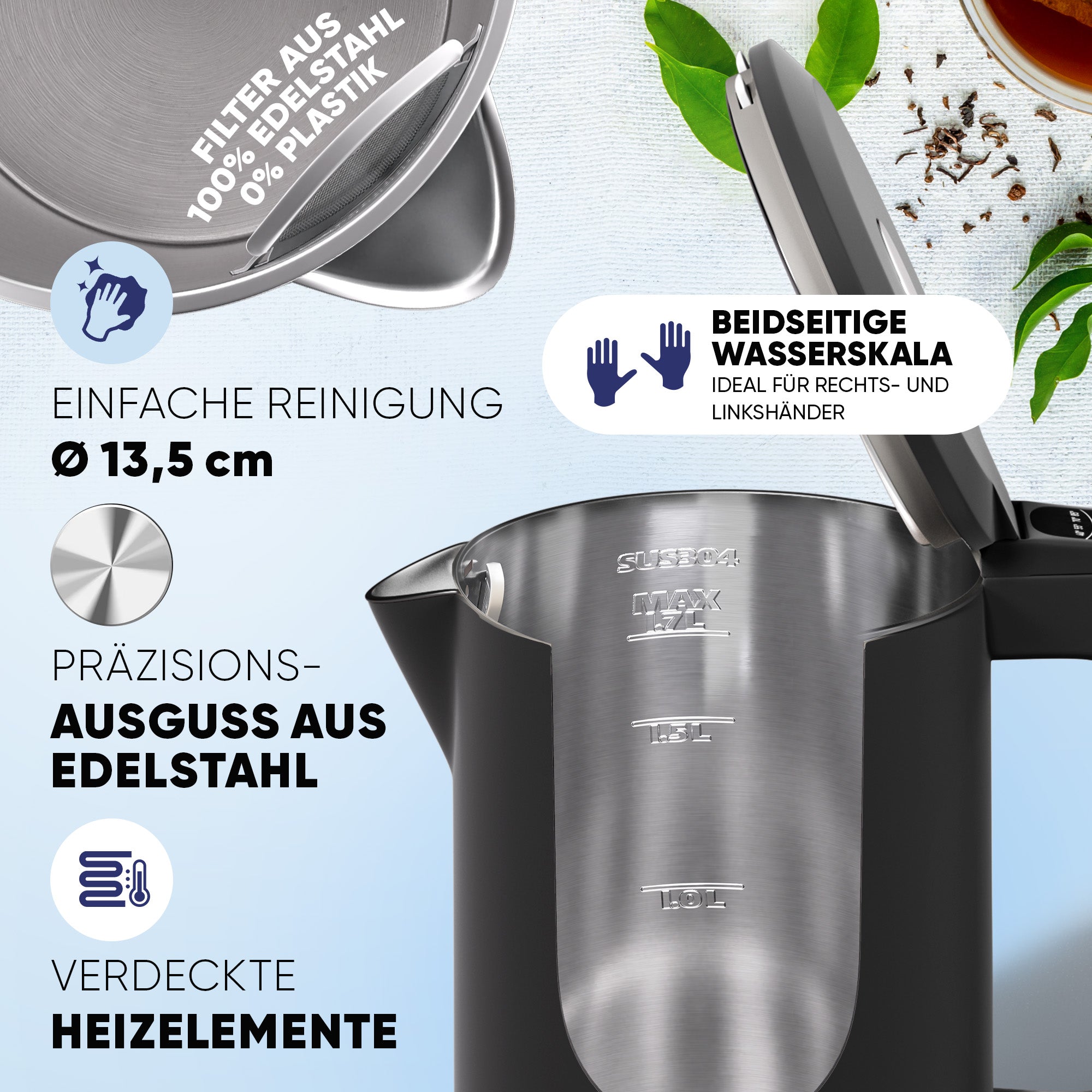 Wasserkocher Digital 1,7 L mit Temperaturwahl