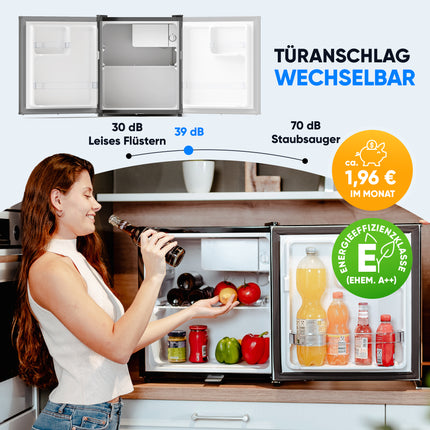 Stillstern Mini Kühlschrank E 45L mit Abtauautomatik, Schloss, Frostfach, Leise, Ideal für Küche, Büro, Schlafzimmer, Hotels und kleine Wohnungen Kühlschrank klein Minibar Getränkekühlschrank