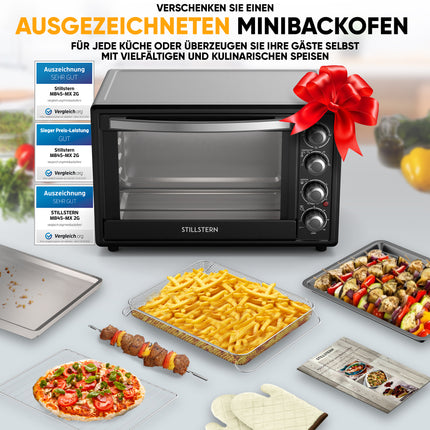 Stillstern Minibackofen mit Umluft (45L) NEU: CYCLONE PRO+ (Antihaftbeschichtung), DE Version, Airfryer-Einsatz, Rezeptheft, Drehspieß, 2000W Toaster Grill Pizzaofen Mini Backofen Ideal für Camping x