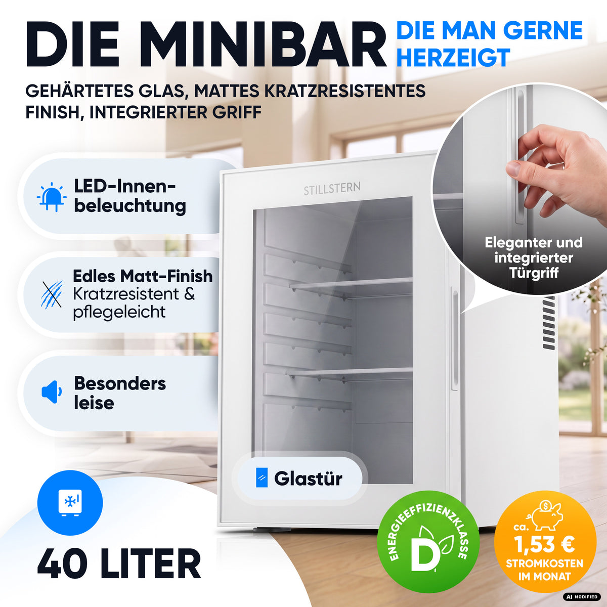 Mini-Kühlschrank 40 L – Lautlos - Standard- oder Glastür
