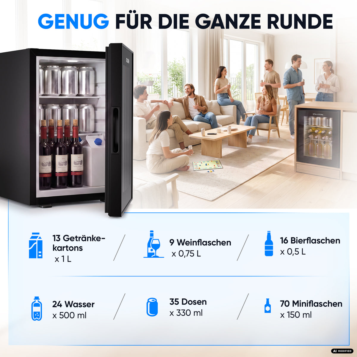 Mini-Kühlschrank 40 L – Lautlos - Standard- oder Glastür