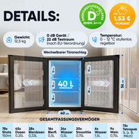 Mini-Kühlschrank 40 L – Lautlos - Standard- oder Glastür