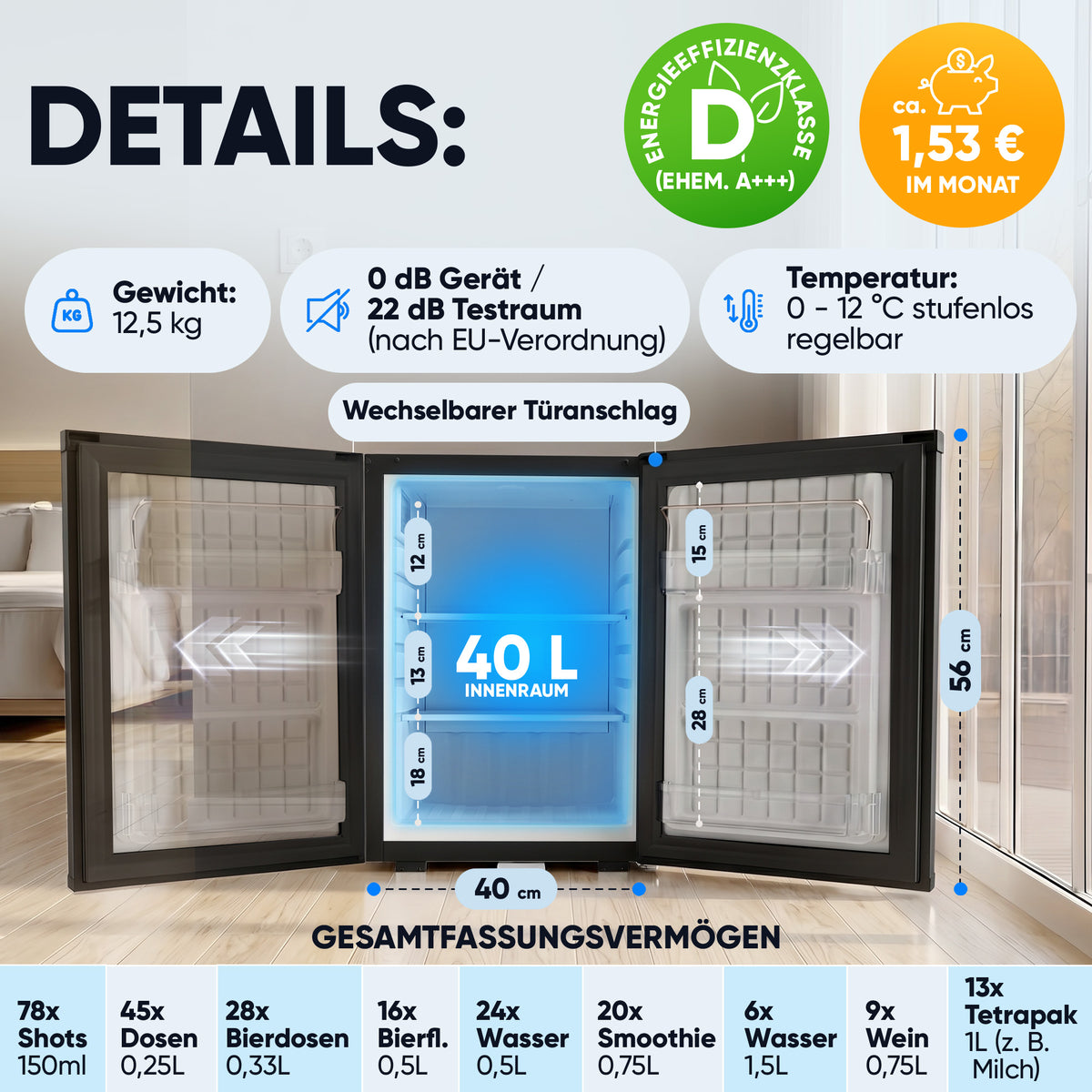 Mini-Kühlschrank 40 L – Lautlos - Standard- oder Glastür