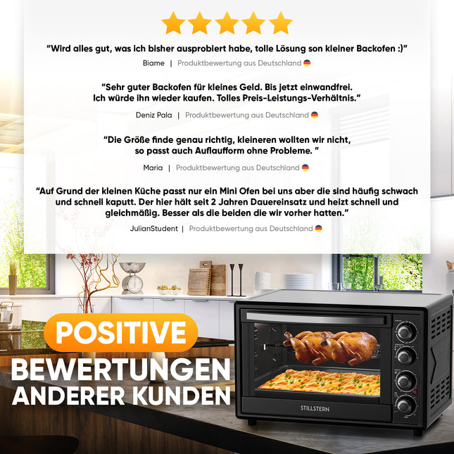 Stillstern Minibackofen mit Umluft (45L) NEU: CYCLONE PRO+ (Antihaftbeschichtung), DE Version, Airfryer-Einsatz, Rezeptheft, Drehspieß, 2000W Toaster Grill Pizzaofen Mini Backofen Ideal für Camping