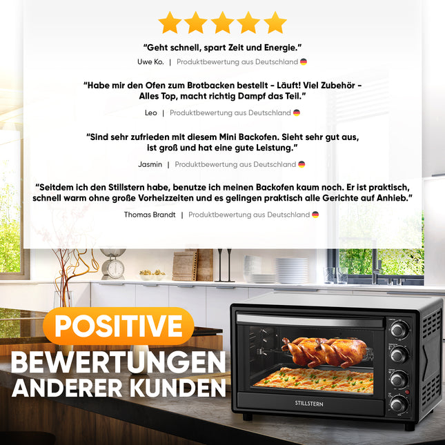 Stillstern Minibackofen mit Umluft (35L) NEU: CYCLONE PRO+ (Antihaftbeschichtung), DE Version, Airfryer-Einsatz, Rezeptheft, Drehspieß, 1600W Toaster Grill Pizzaofen Mini Backofen Ideal für Camping