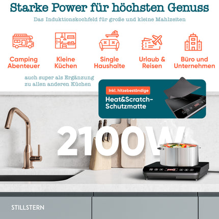 Stillstern Induktionskochfeld | Induktionskochplatte [2100W] mit Lautlos-Funktion & Turbo-Boost, 12-28cm, 19 Temperaturstufen & Leistungsstufen, 24h Timer, Kindersicherung, Touch-Steuerung