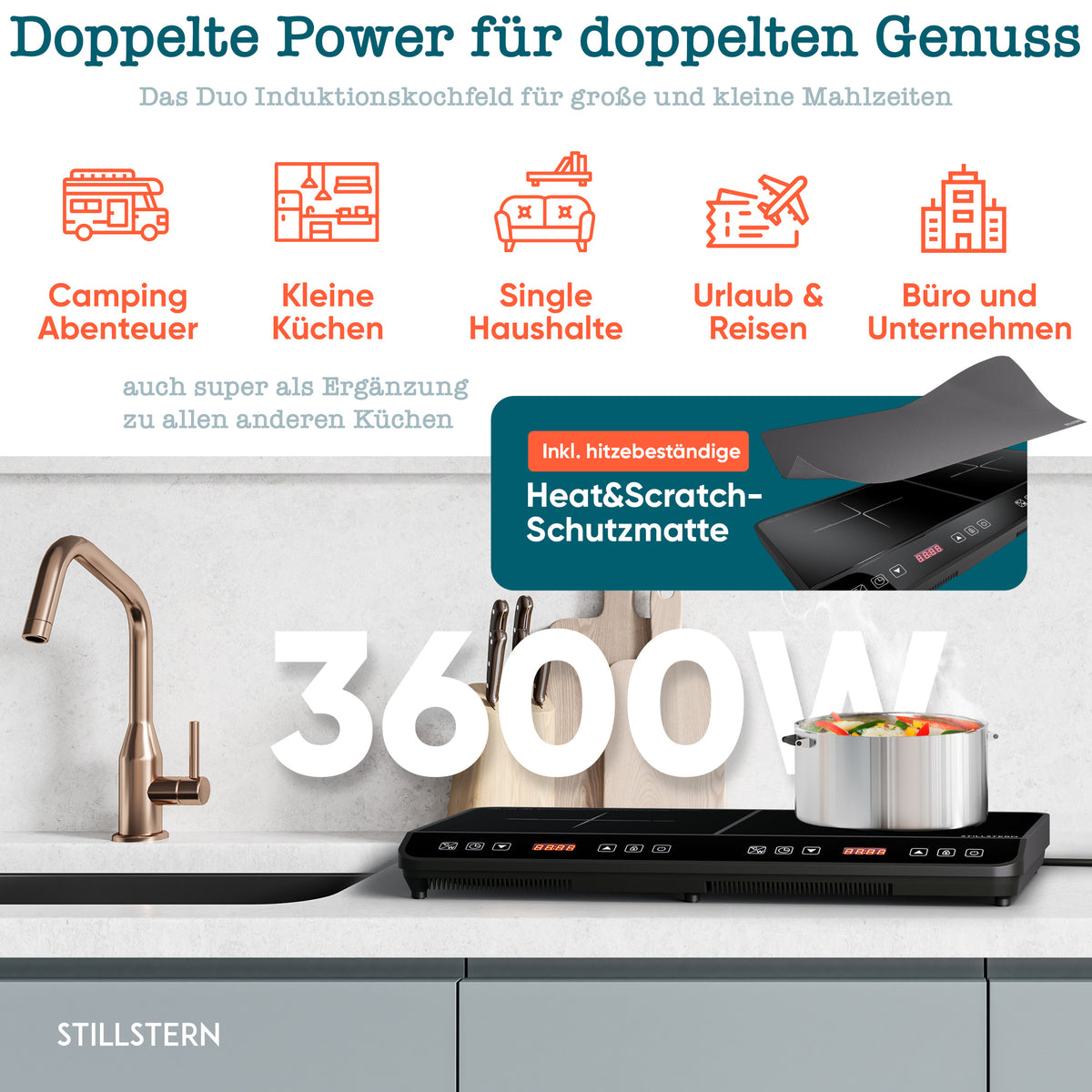 Doppel-Induktionskochplatte 3600 W – 2 Zonen, Timer, Touch