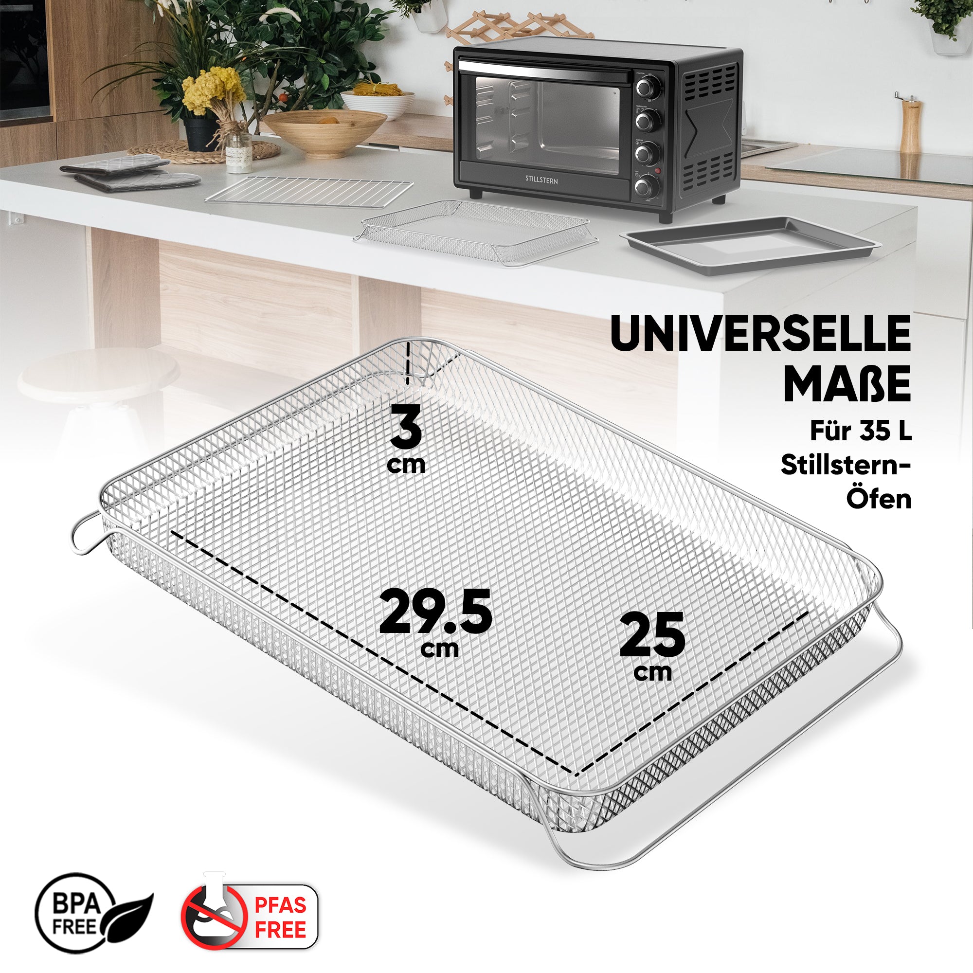 Original Airfryer-Einsatz für Stillstern 35L Minibackofen (geeignet für: MB35-MX 2G - 1184 & MB35-LED 2G - 1160), Airfryer-Backblech, Airfryer-Rost