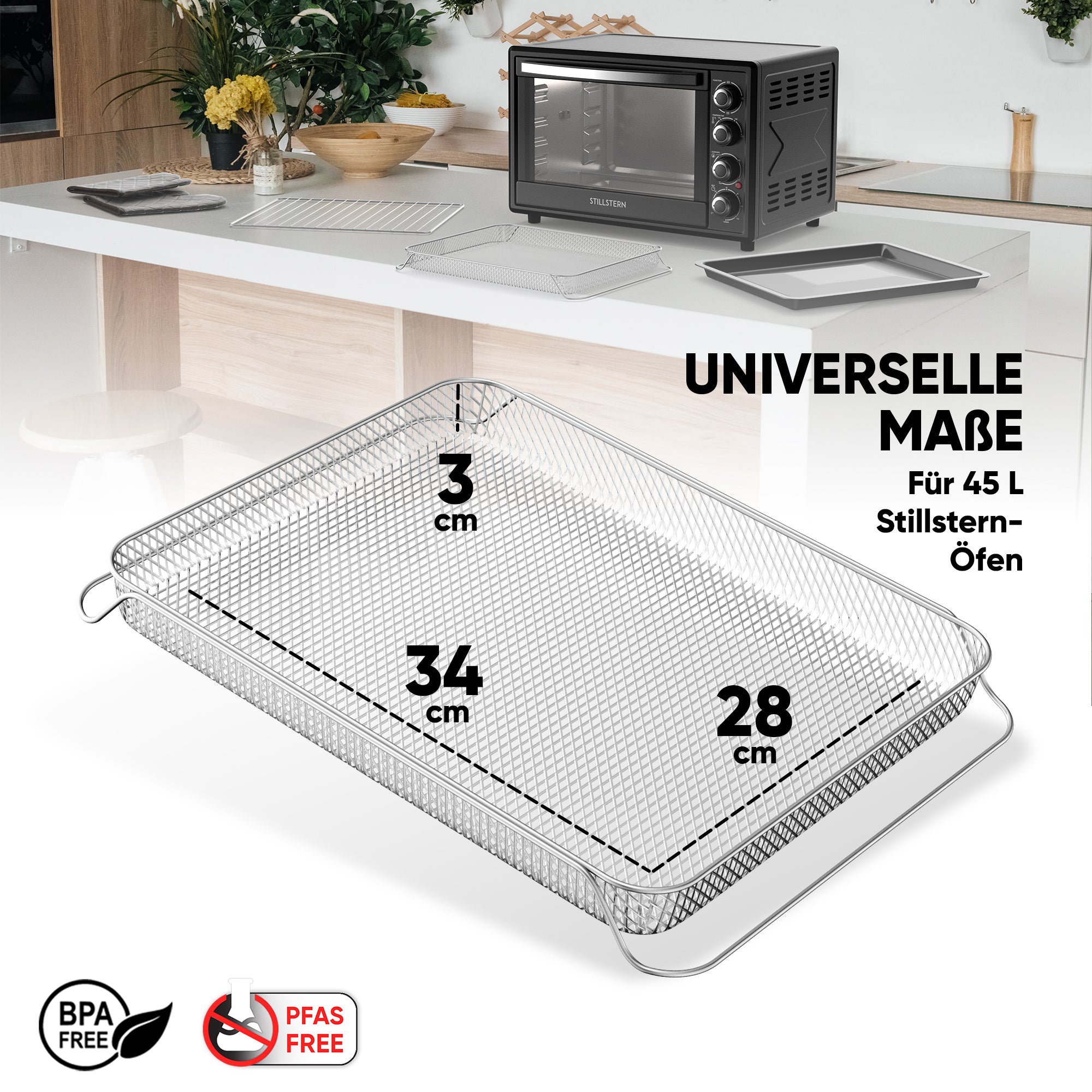 Original Frittierkorb Airfryer-Einsatz für Stillstern 45L Minibackofen (geeignet für: MB45-MX 2G 1176, MB45-LED 2G 1101 & MB45-KP 2G 1485), Airfryer-Backblech, Airfryer-Rost