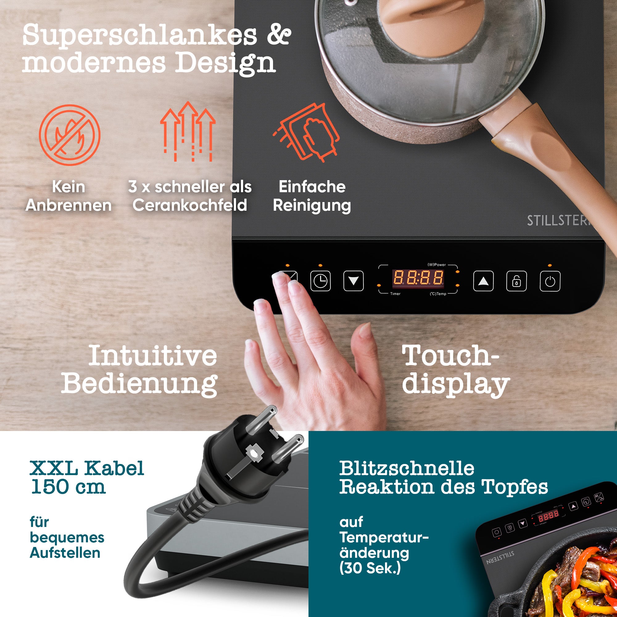 Induktionskochplatte 2100 W – 1 Zone, Timer, Touch