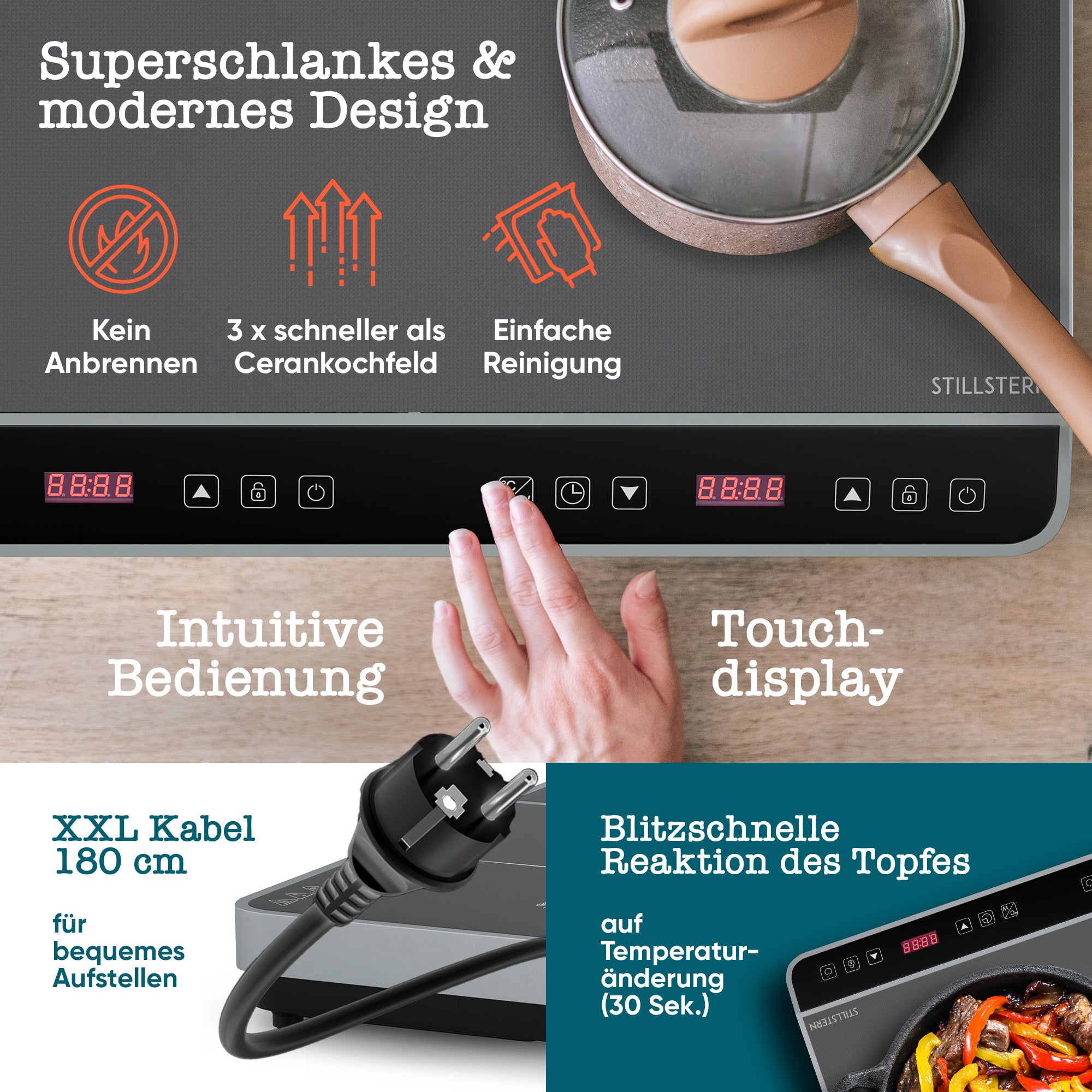 Doppel-Induktionskochfeld 3600 W – 2 Zonen, Timer, Touch