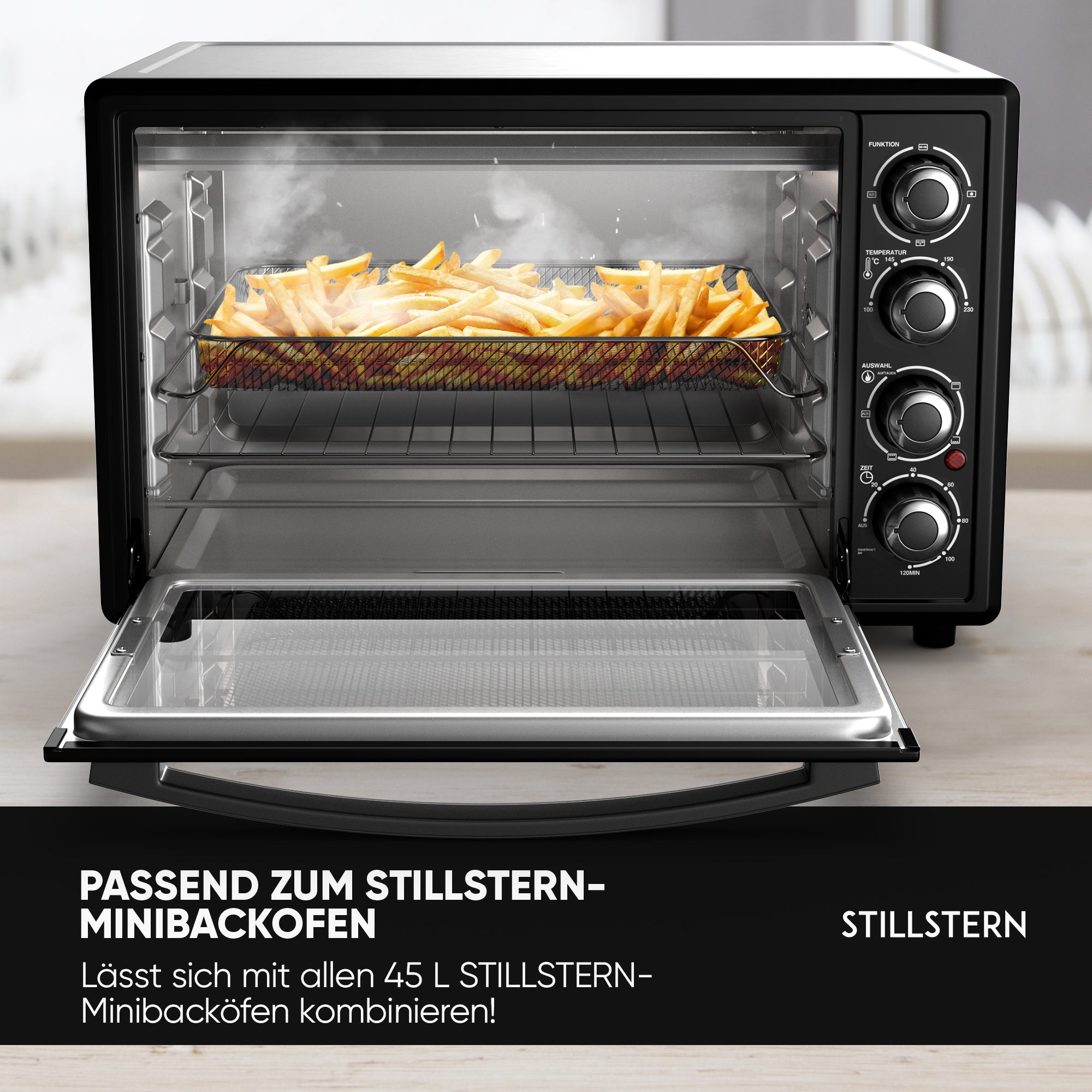 Original Frittierkorb Airfryer-Einsatz für Stillstern 45L Minibackofen (geeignet für: MB45-MX 2G 1176, MB45-LED 2G 1101 & MB45-KP 2G 1485), Airfryer-Backblech, Airfryer-Rost
