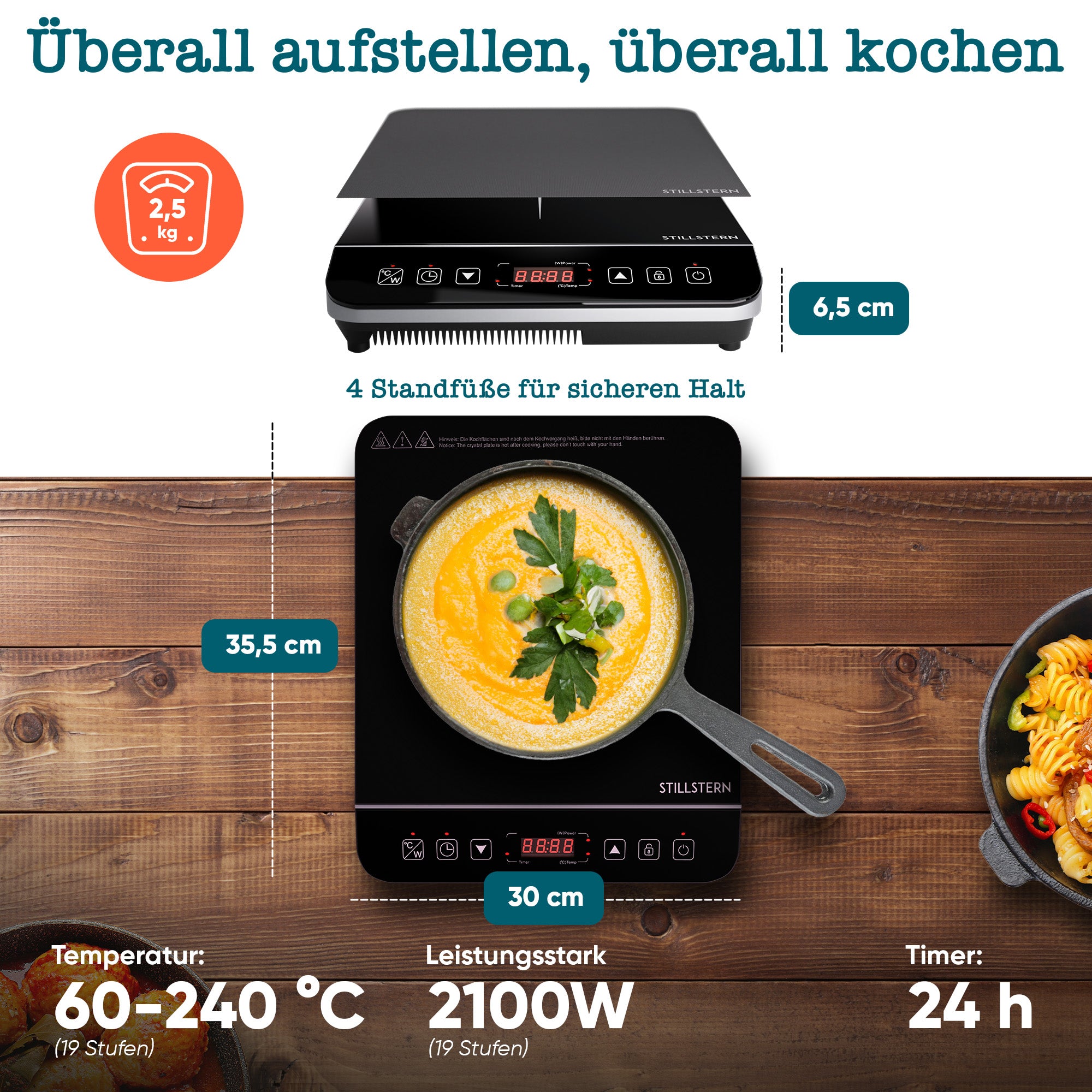 Induktionskochplatte 2100 W – 1 Zone, Timer, Touch
