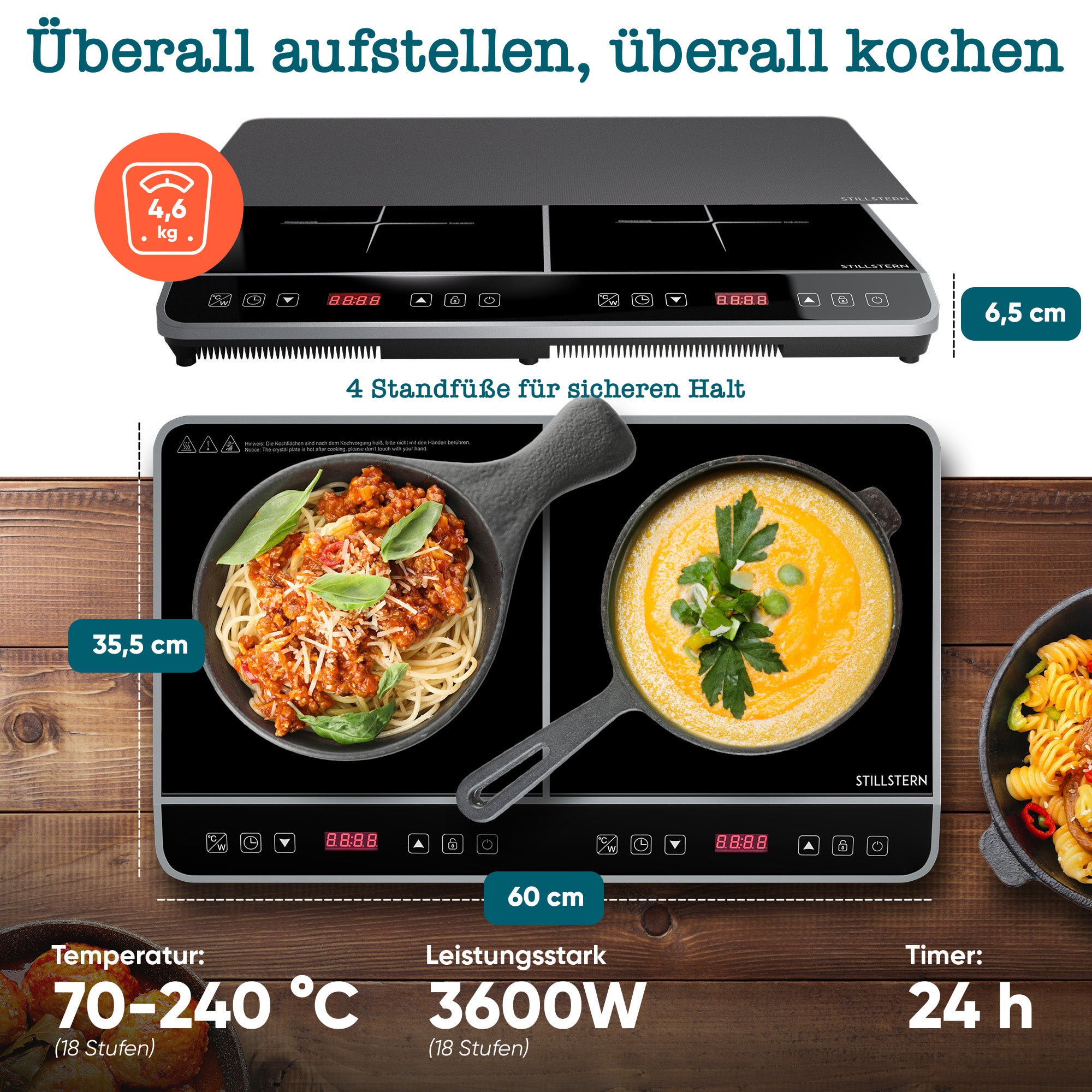 Doppel-Induktionskochfeld 3600 W – 2 Zonen, Timer, Touch