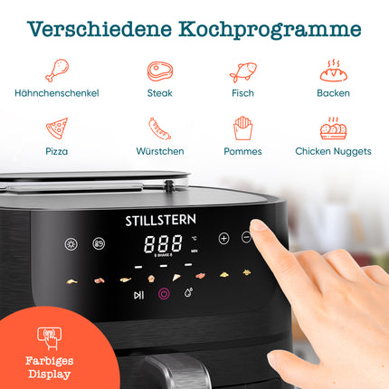 Stillstern Heißluftfritteuse [SteamPro View] 8L mit Dampffunktion, 80-200°C, 1800W, 8 Kochprogramme, 120min Timer, Shake-Funktion, 100 Rezepte, Air Fryer XXL Fritteuse ohne Öl