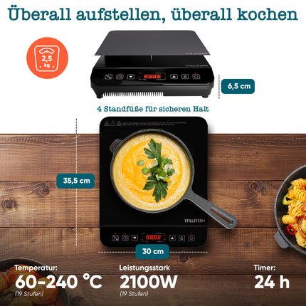 Stillstern Induktionskochfeld | Induktionskochplatte [2100W] mit Lautlos-Funktion & Turbo-Boost, 12-28cm, 19 Temperaturstufen & Leistungsstufen, 24h Timer, Kindersicherung, Touch-Steuerung