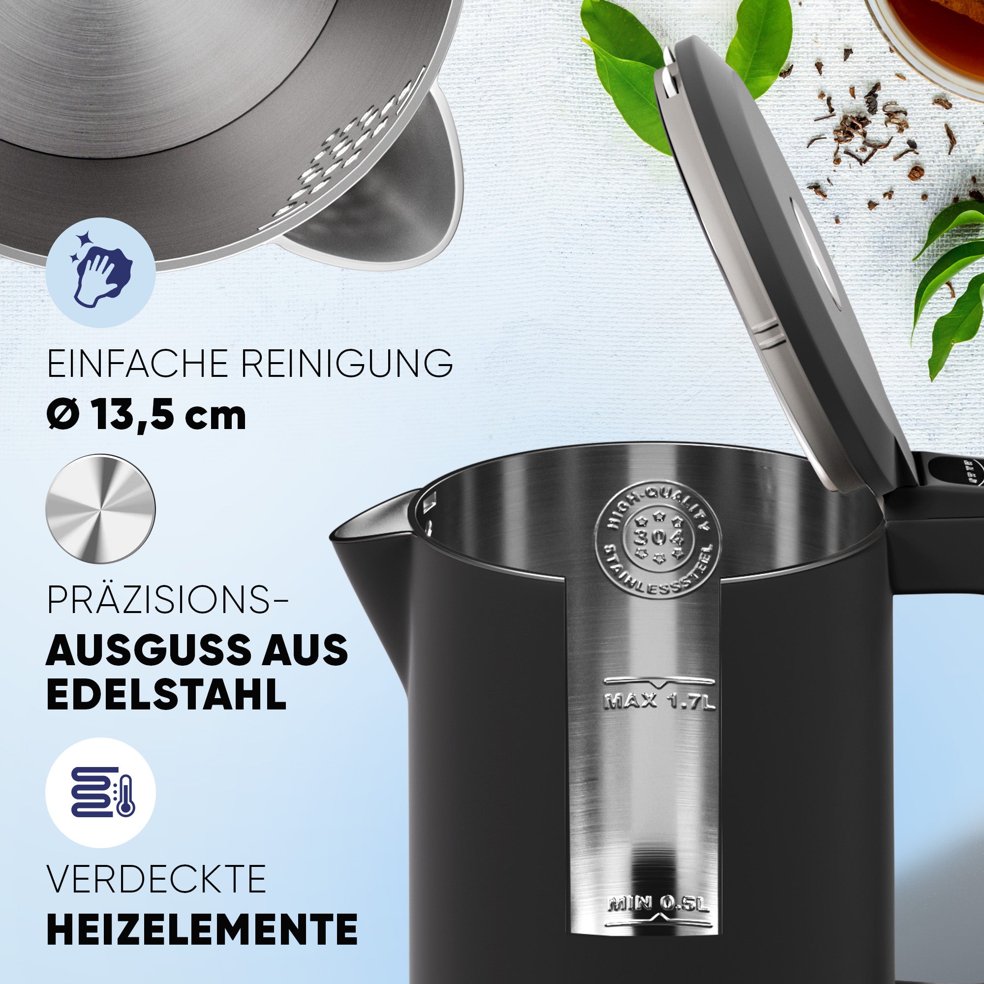 Wasserkocher Digital 1,7 L mit Temperaturwahl