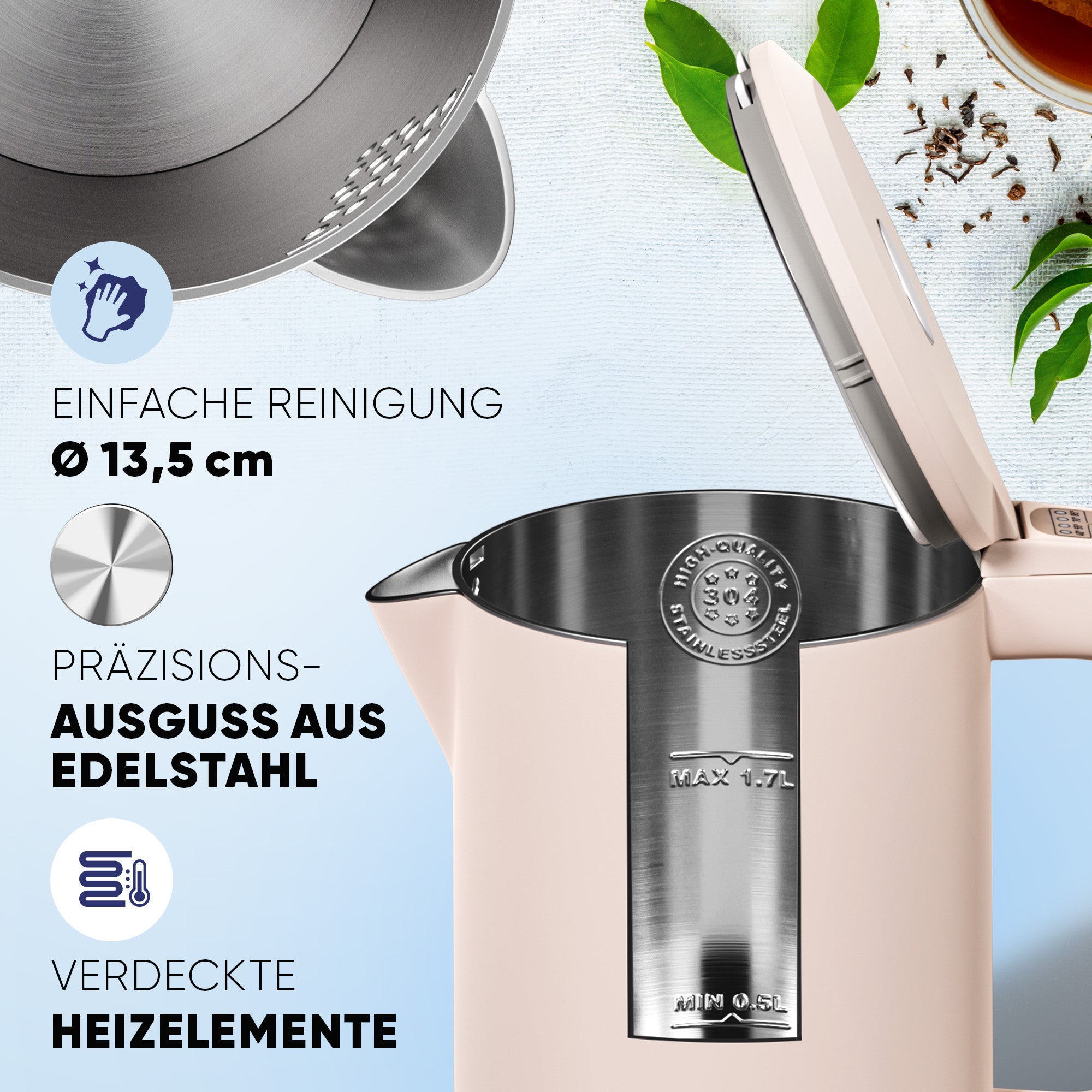 Wasserkocher Digital 1,7 L mit Temperaturwahl