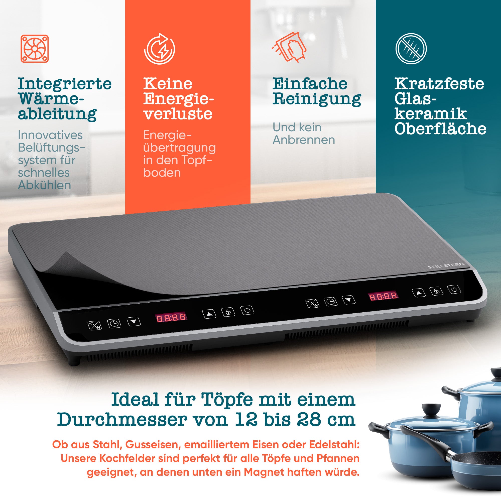 Doppel-Induktionskochfeld 3600 W – 2 Zonen, Timer, Touch