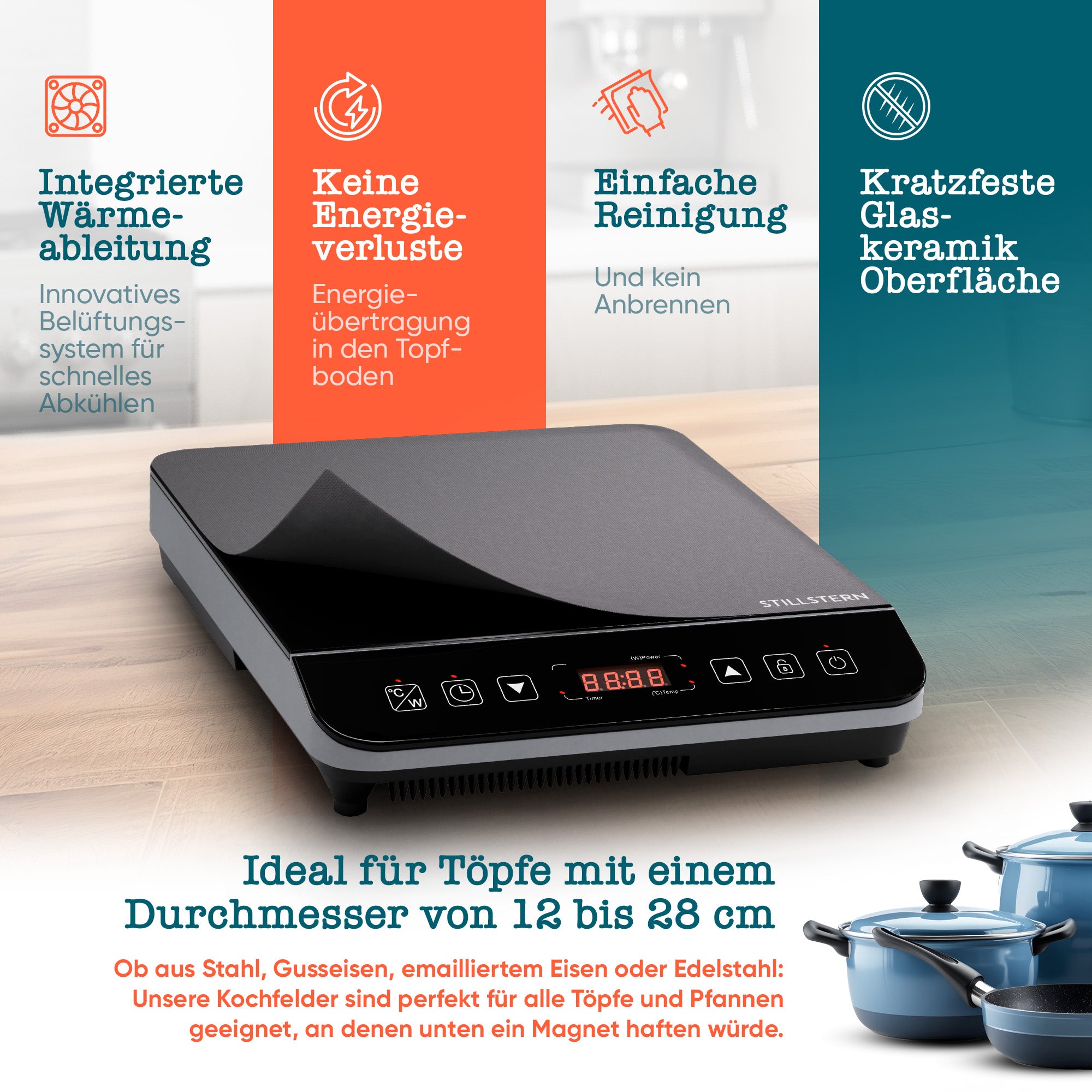 Induktionskochplatte 2100 W – 1 Zone, Timer, Touch