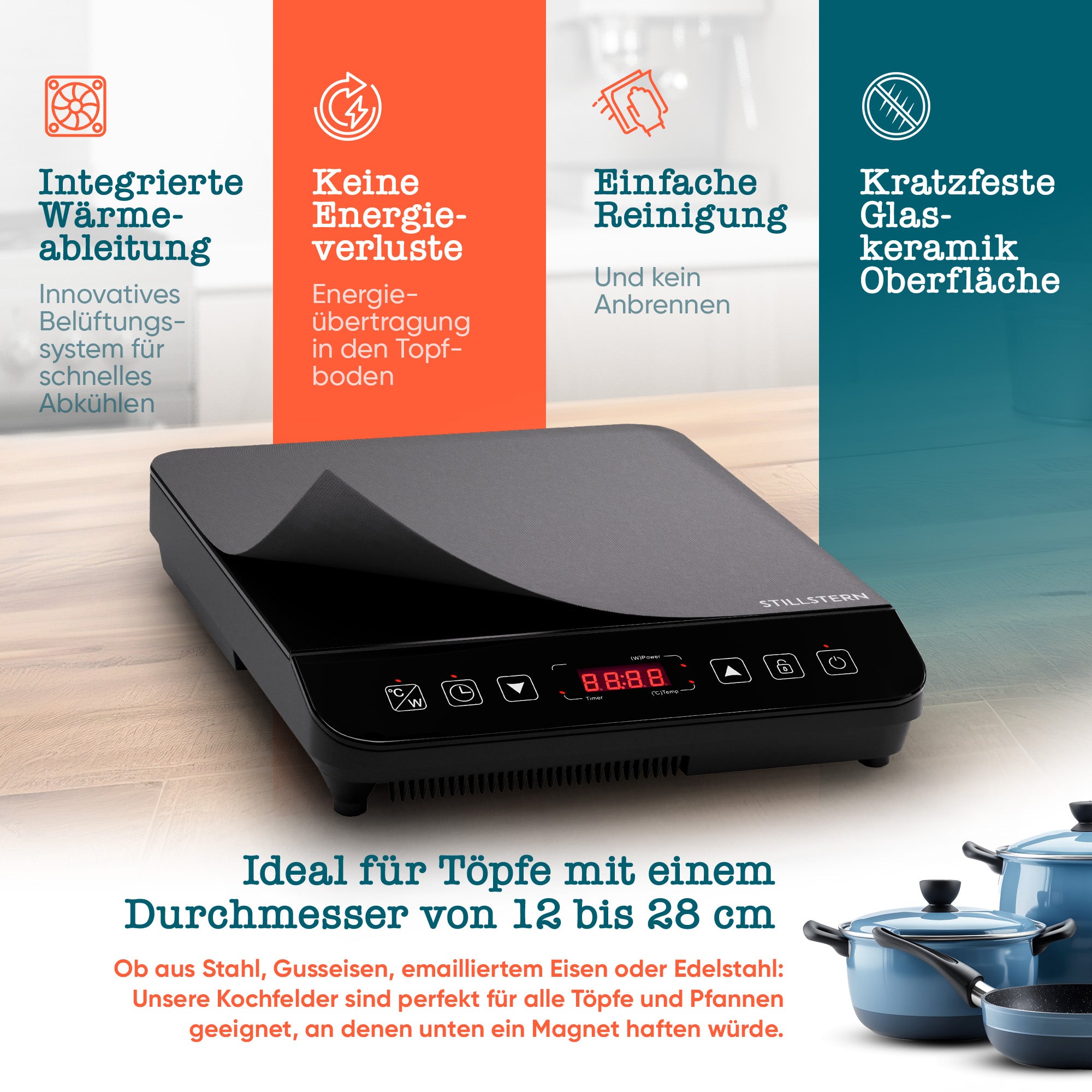Induktionskochplatte 2100 W – 1 Zone, Timer, Touch
