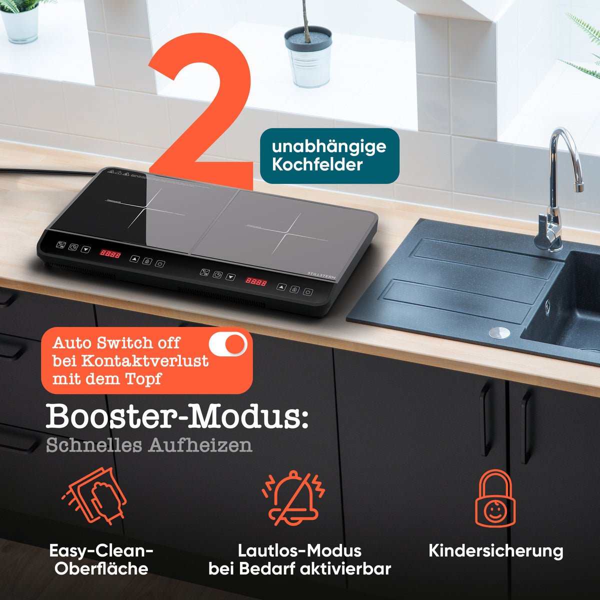 Doppel-Induktionskochfeld mit Temperatureinstellung 3600W ChefKoch Xtreme Duo