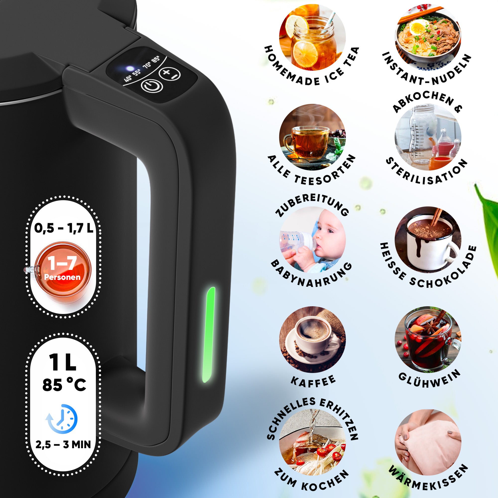 Wasserkocher Digital 1,7 L mit Temperaturwahl