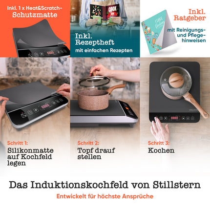 Stillstern Induktionskochfeld | Induktionskochplatte [2100W] mit Lautlos-Funktion & Turbo-Boost, 12-28cm, 19 Temperaturstufen & Leistungsstufen, 24h Timer, Kindersicherung, Touch-Steuerung