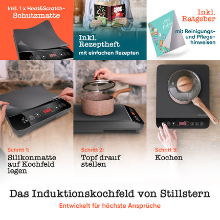 Stillstern Induktionskochfeld | Induktionskochplatte [2100W] mit Lautlos-Funktion & Turbo-Boost, 12-28cm, 19 Temperaturstufen & Leistungsstufen, 24h Timer, Kindersicherung, Touch-Steuerung