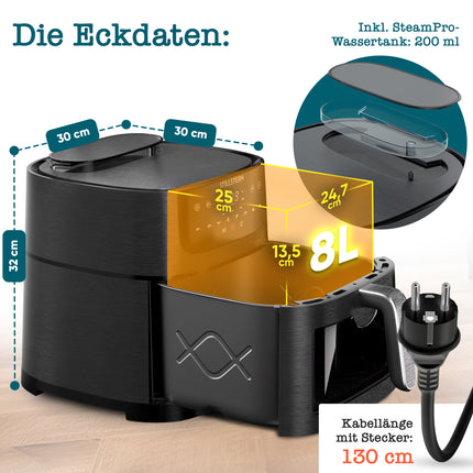 Stillstern Heißluftfritteuse [SteamPro View] 8L mit Dampffunktion, 80-200°C, 1800W, 8 Kochprogramme, 120min Timer, Shake-Funktion, 100 Rezepte, Air Fryer XXL Fritteuse ohne Öl