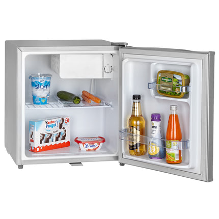 Stillstern Mini-Kühlschrank mit Schloss E (43 Liter) mit Abtauautomatik, LED-Innenbeleuchtung, Frostfach, Eierablage, Leise, Minikühlschrank, Silber