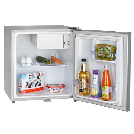 Stillstern Mini-Kühlschrank mit Schloss E (43 Liter) mit Abtauautomatik, LED-Innenbeleuchtung, Frostfach, Eierablage, Leise, Minikühlschrank, Silber