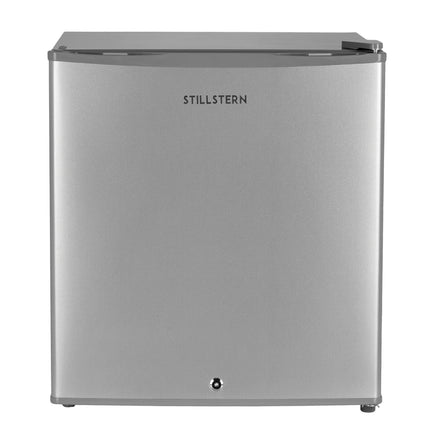 Stillstern Mini-Kühlschrank mit Schloss E (43 Liter) mit Abtauautomatik, LED-Innenbeleuchtung, Frostfach, Eierablage, Leise, Minikühlschrank, Silber