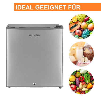 Stillstern Mini-Kühlschrank mit Schloss E (43 Liter) mit Abtauautomatik, LED-Innenbeleuchtung, Frostfach, Eierablage, Leise, Minikühlschrank, Silber