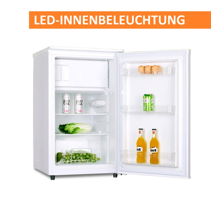 Stillstern Kühlschrank mit Gefrierfach E (88L) 4-Sterne-Gefrierfach und LED-Innenbeleuchtung, Abtauautomatik, Glasablagen, Gemüsefach, Türablagen