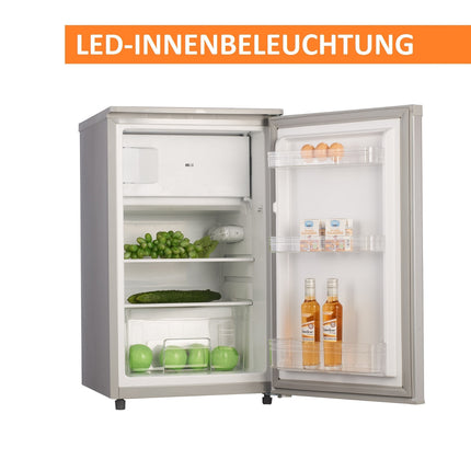 Stillstern Kühlschrank mit Gefrierfach E (88L) 4-Sterne-Gefrierfach und LED-Beleuchtung, Abtauautomatik, Glasablagen, Gemüsefach, Türablagen, Kühlschrank klein Getränkekühlschrank