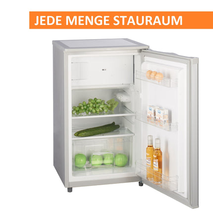 Stillstern Kühlschrank mit Gefrierfach E (88L) 4-Sterne-Gefrierfach und LED-Beleuchtung, Abtauautomatik, Glasablagen, Gemüsefach, Türablagen, Kühlschrank klein Getränkekühlschrank