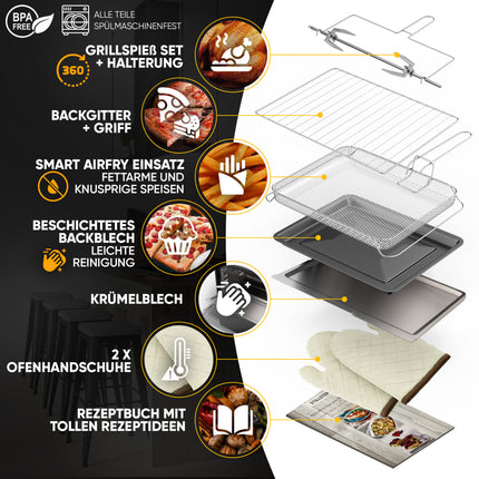Stillstern Minibackofen mit Kochplatten (45L, Pizza Ø32cm, 7in1: Heißluftfritteuse, Auftauen, Grill, Toaster, Backen, Braten, Kochen) Frittierkorb, Umluft, Drehspieß, Rezeptheft, Ideal für Camping