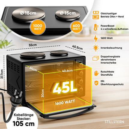 Stillstern Minibackofen mit Kochplatten (45L, Pizza Ø32cm, 7in1: Heißluftfritteuse, Auftauen, Grill, Toaster, Backen, Braten, Kochen) Frittierkorb, Umluft, Drehspieß, Rezeptheft, Ideal für Camping