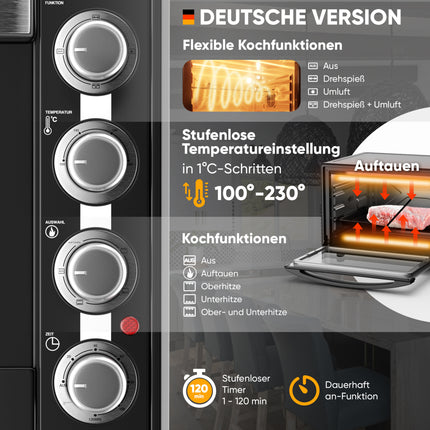 Stillstern Minibackofen mit Umluft (60L) NEU: CYCLONE PRO+ (Antihaftbeschichtung), DE Version, Airfryer-Einsatz, Rezeptheft, Drehspieß, 2200W Toaster Grill Pizzaofen Mini Backofen auch für Camping