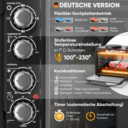 Stillstern Minibackofen mit Kochplatten (45L, Pizza Ø32cm, 7in1: Heißluftfritteuse, Auftauen, Grill, Toaster, Backen, Braten, Kochen) Frittierkorb, Umluft, Drehspieß, Rezeptheft, Ideal für Camping