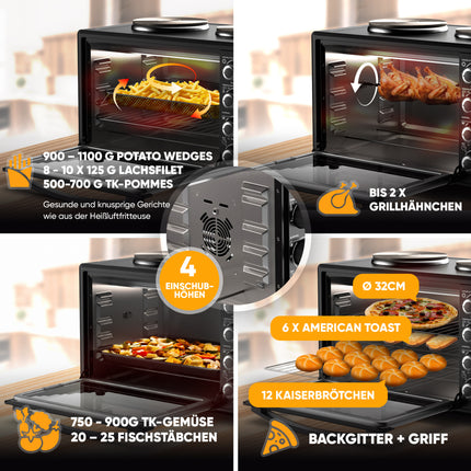 Stillstern Minibackofen mit Kochplatten (45L, Pizza Ø32cm, 7in1: Heißluftfritteuse, Auftauen, Grill, Toaster, Backen, Braten, Kochen) Frittierkorb, Umluft, Drehspieß, Rezeptheft, Ideal für Camping
