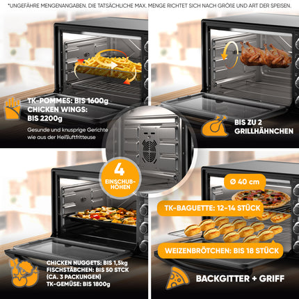 Stillstern Minibackofen mit Umluft (60L) NEU: CYCLONE PRO+ (Antihaftbeschichtung), DE Version, Airfryer-Einsatz, Rezeptheft, Drehspieß, 2200W Toaster Grill Pizzaofen Mini Backofen auch für Camping